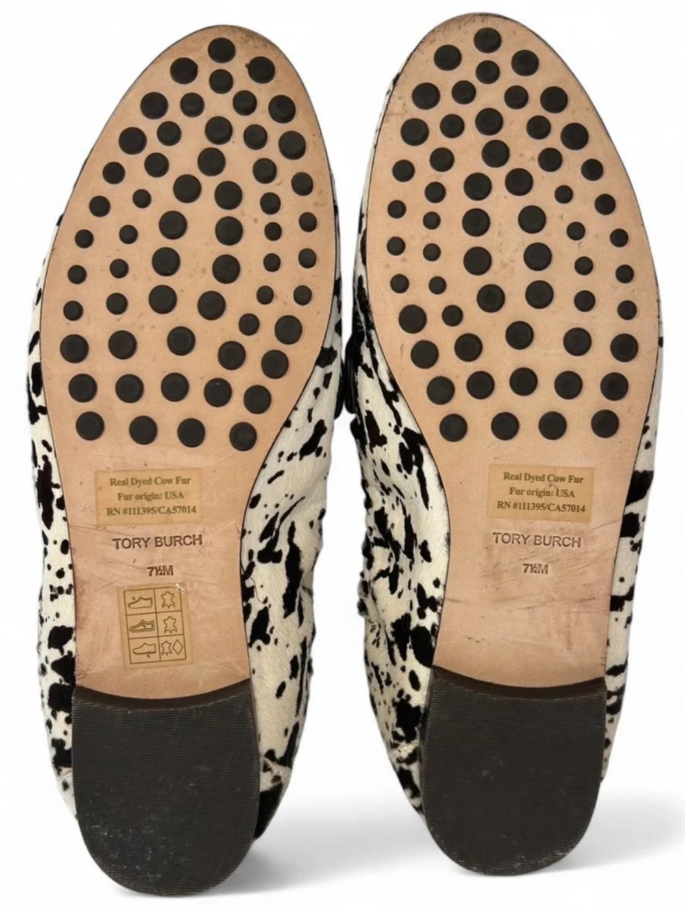 Tory Burch Ballet Loafers in Cow Print, dyed calf hair, smooth leather piping.